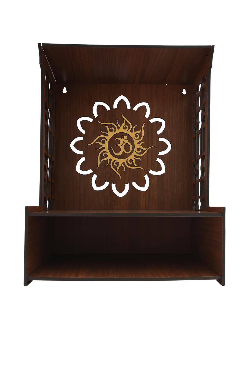 WIZZARTPRINTS Beautiful Wooden Pooja Stand for Home Mandir with LED Spot Light | Wall Mounted Temple for Home and Office | Compact Wooden Puja Mandir Desing 1