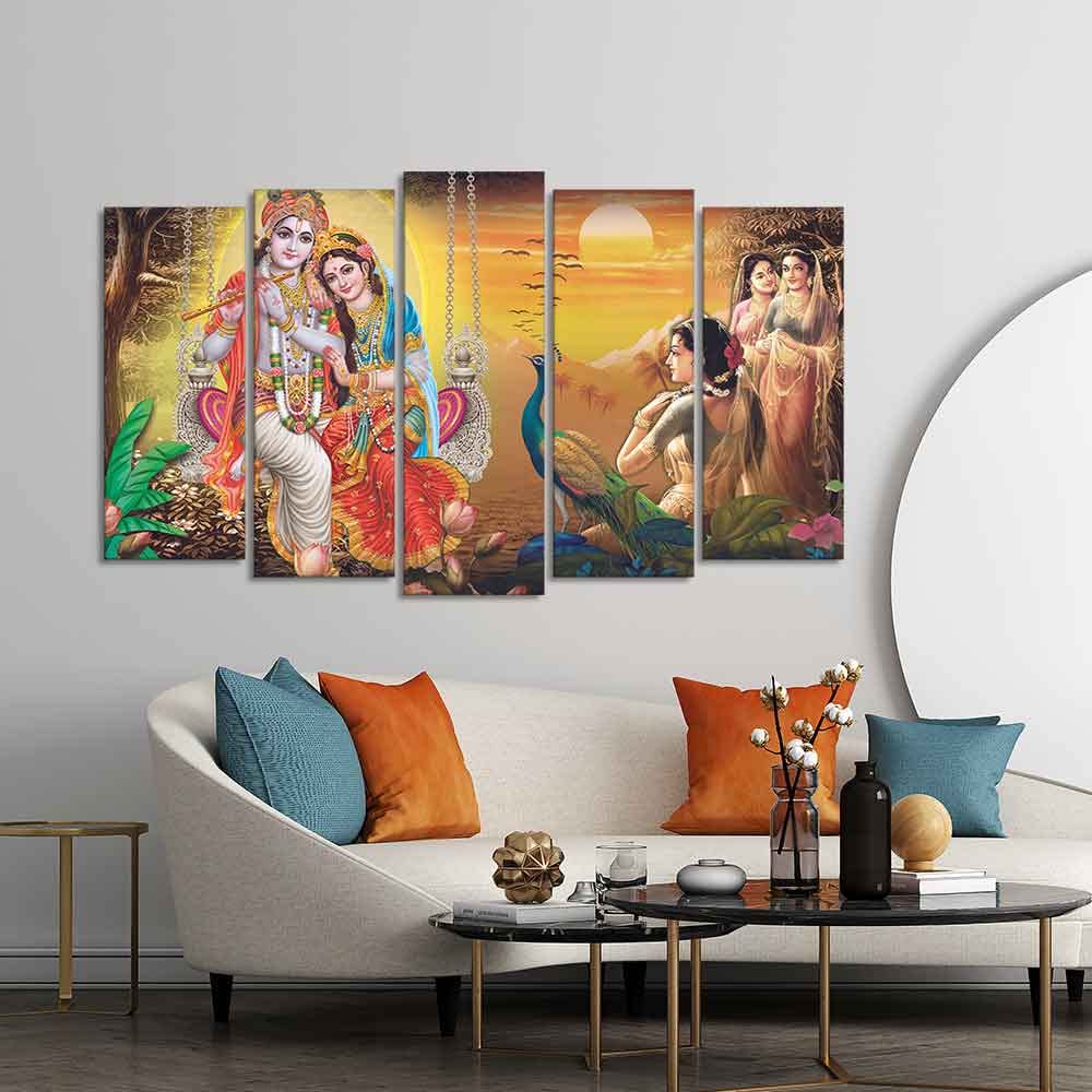 VIBECRAFTS Beautiful Radha Krishna Premium Wall Painting Set of Five Pieces For Home|Office|Living Room|Gift (PTVC5Pcs2_6604)