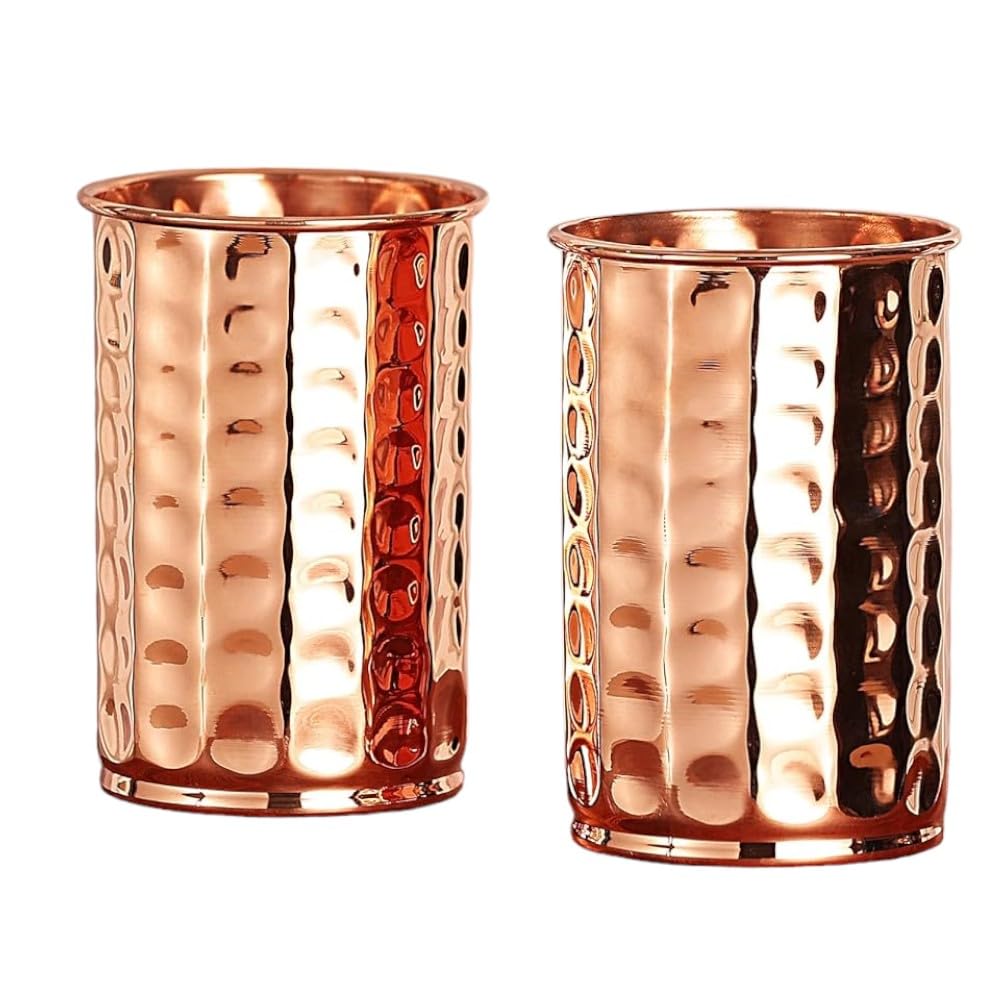 HEALTHANDWEALTH Set of 2 Hand Crafted Hammered Copper Tumbler | Pure Copper Water Mug | 300 Ml Water Hold for Ayurvedic Health Benifits (Hammered)