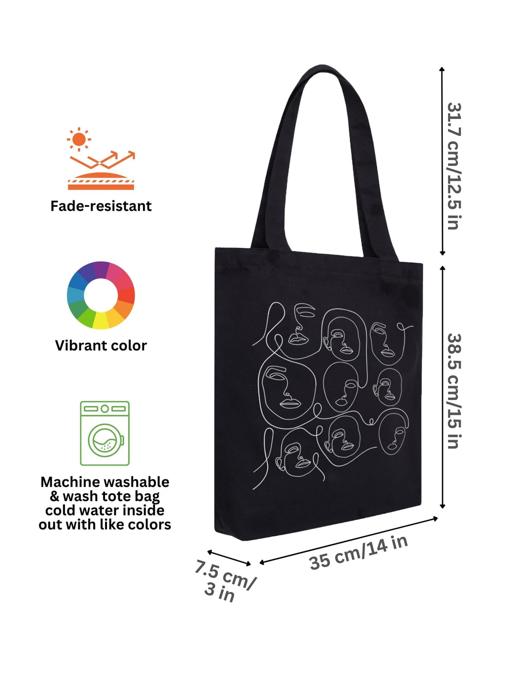 DOODLE Women Eco-Friendly Reusable Cotton Canvas Tote Bag | Inner & Outer Zip Pockets | Ideal for Travel, Shopping, College & Office Use | Faces, Black