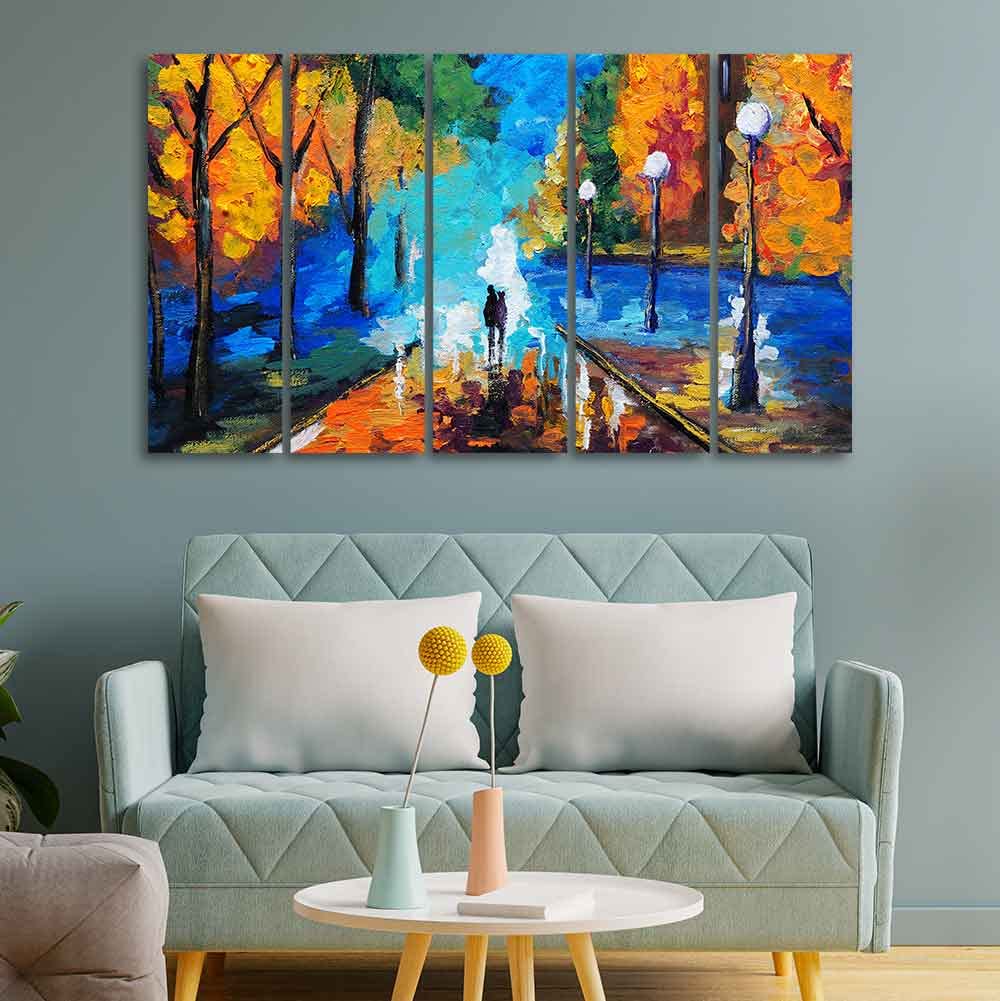 VIBECRAFTS Couple Walking in City Park Canvas Wall Painting of 5 Pieces For Home|Office|Living Room|Gift (PTVC5Pcs4_8612)
