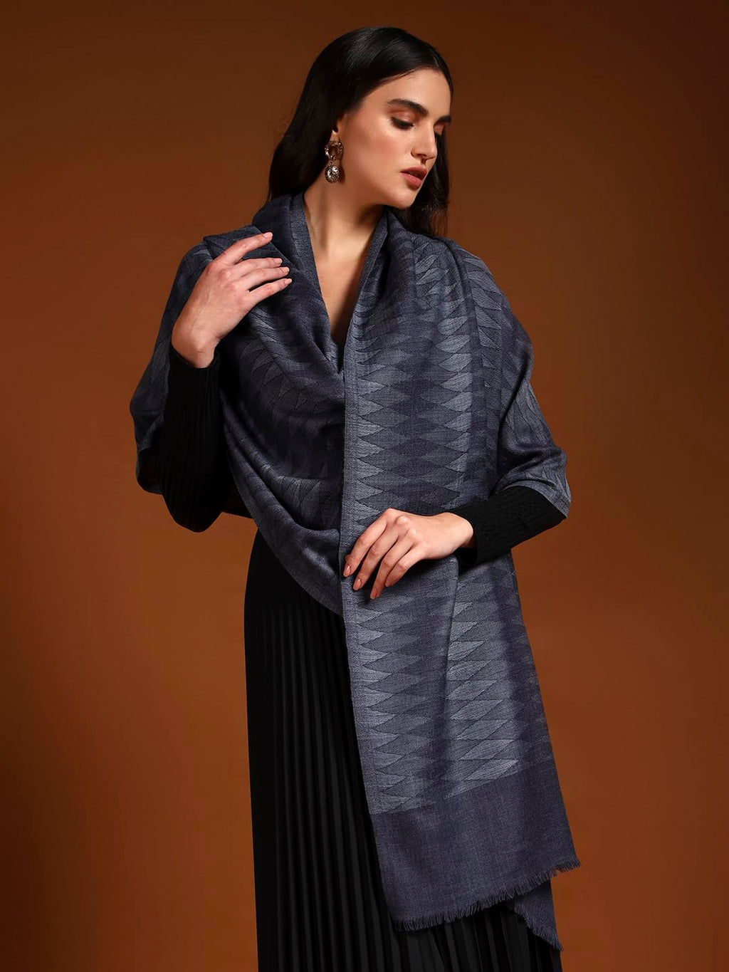 Pashmoda Women 100% Pure Wool Ikat Checkered Stole, Scarf, Wrap, Sustainable and Natural Fabric, Luxury Heritage Pashmina Gift, Evening Stole (Size 28x80 Inches, Blue 2) CHST05