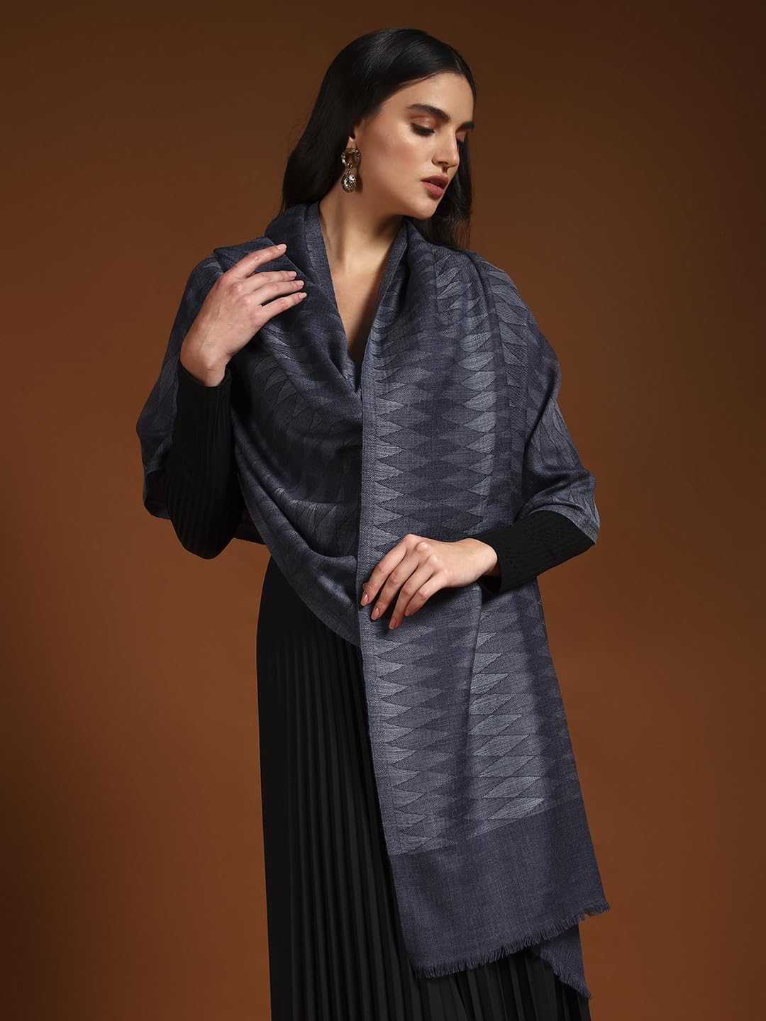 Pashmoda Women 100% Pure Wool Ikat Checkered Stole, Scarf, Wrap, Sustainable and Natural Fabric, Luxury Heritage Pashmina Gift, Evening Stole (Size 28x80 Inches, Blue 2) CHST05