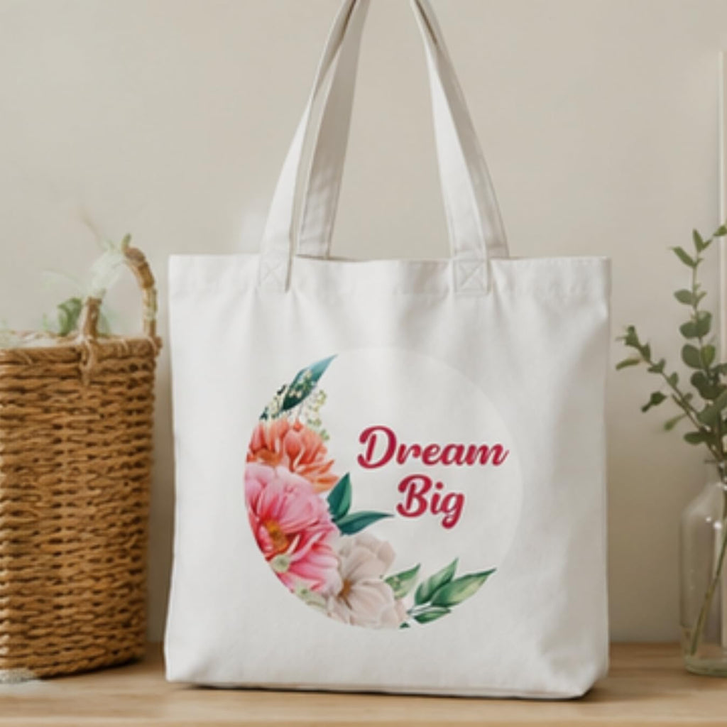 Adorvue Dream Big Quote With Flowers Printed Tote Bag Stylish Eco-Friendly Cotton Handbags, Canvas Bags for College, Shopping, Office, Travel, Grocery Runs, Beach Day and Casual Outings Pack of 2