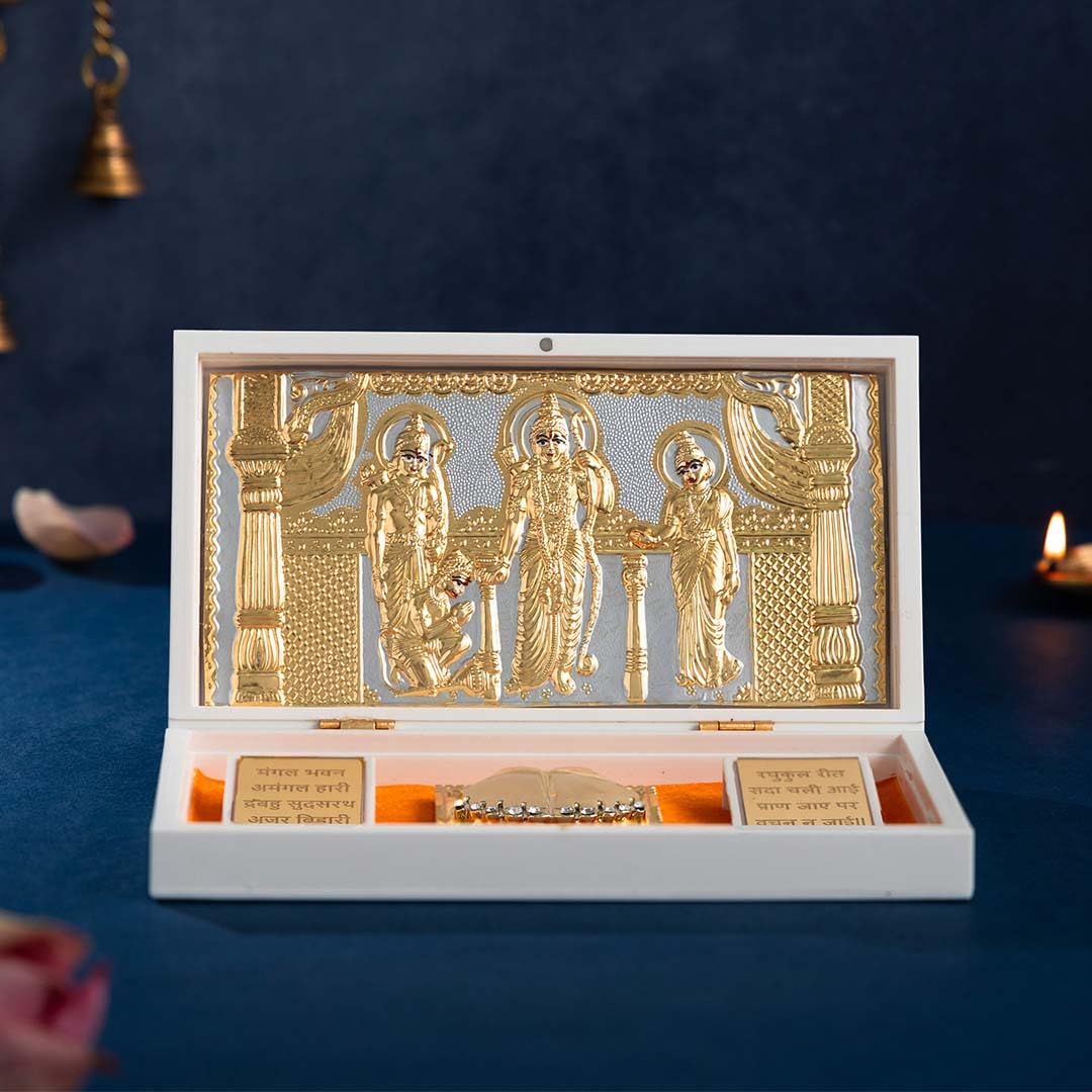 Svastika Ram Darbar Pocket Temple | 24 Karat Gold Coated | Ram Sita Lakshman Hanuman Idol | Gift for Festivals and Weddings | NRI and Corporate Gifting | Home Mandir Decor | 21 cm (Small)