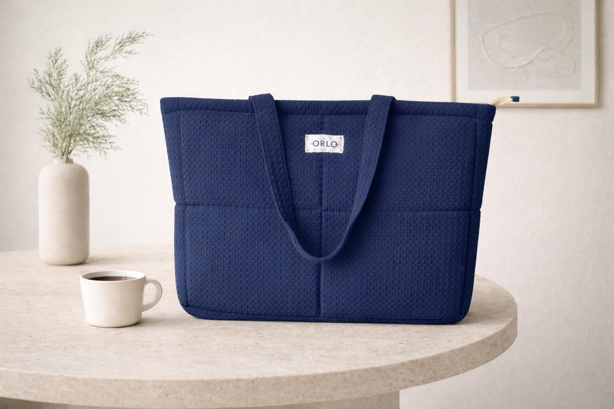 HOUSE OF ORLO Premium Cotton Waffle Quilted Tote Bag, Large Spacious Handbag for College, Office, Work, Travel, Shopping & Daily Use - Indigo Blue