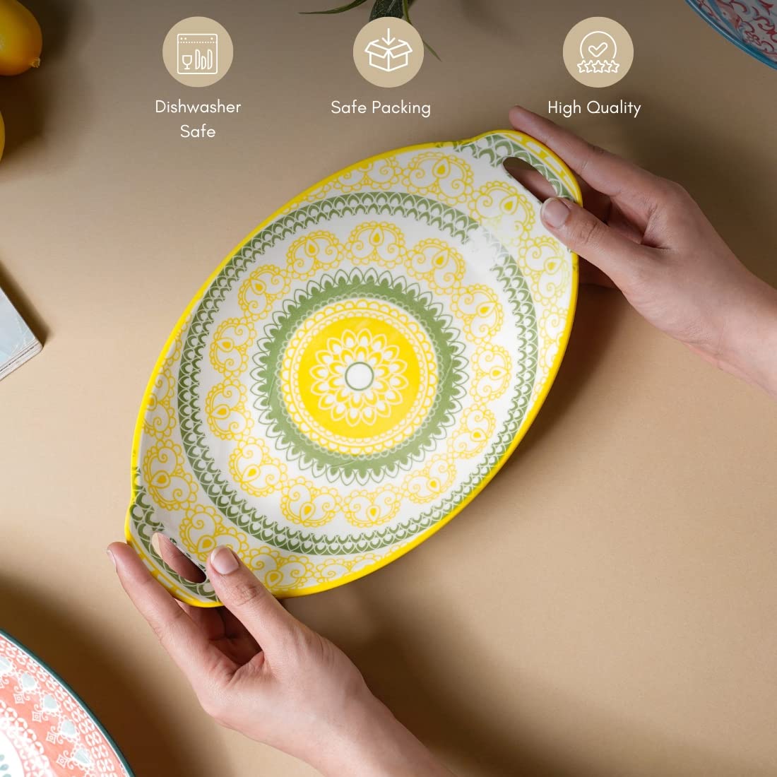 Nestasia Ceramic Serving Platter with Handles | Yellow Mandala Print Microwave & Dishwasher Safe Serveware | Ideal for Serving Snacks, Appetizers, Salads, Starters & Noodles (10.8 Inch)