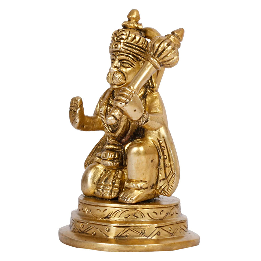 ARTVARKO Brass Hanuman Sitting with Gada on Shoulder Murti for Home Puja Idol Blessing Bajrangbali Statue for Pooja Gift 4.25 Inch