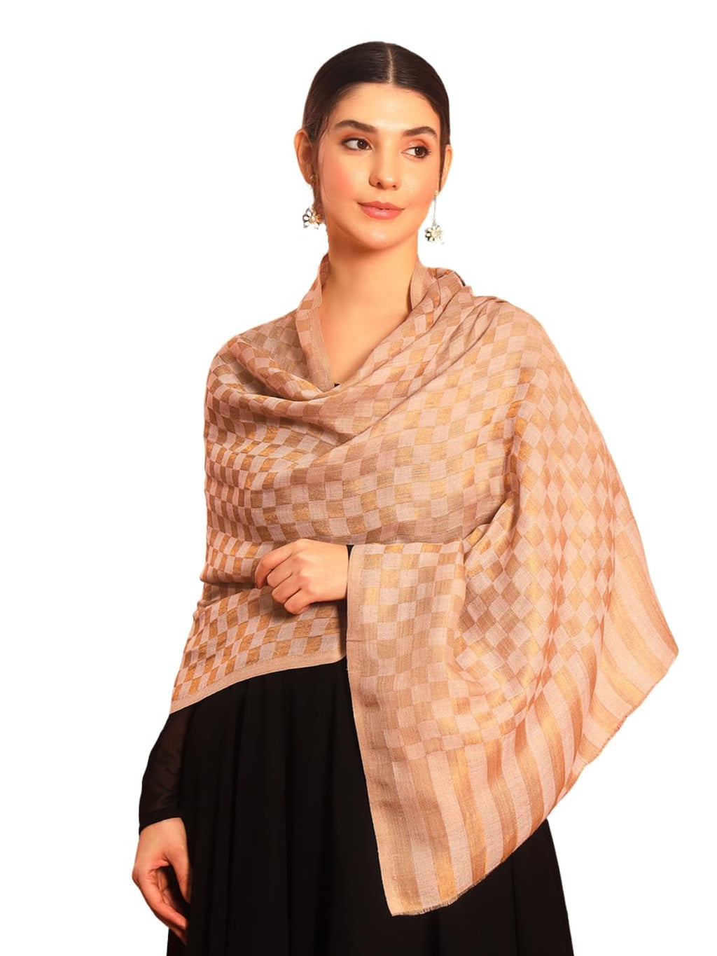 Pashmoda Women Champagne Check Reversible Zari Moonlight Fine Wool Stole (Size : 28x80in, 71X203cm) ZSST02