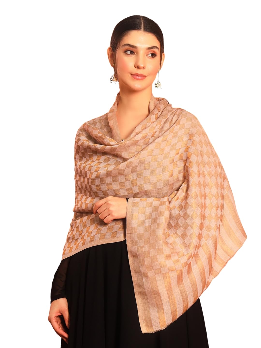 Pashmoda Women Champagne Check Reversible Zari Moonlight Fine Wool Stole (Size : 28x80in, 71X203cm) ZSST02