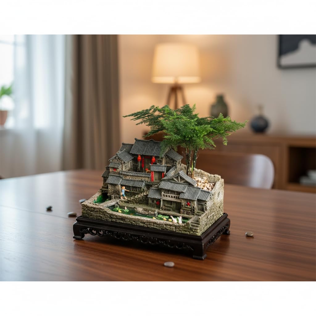 ROYAL FOUNTAIN Miniature Chinese Ancient Village House Model, Resin Figurine, 24x15x13 cm