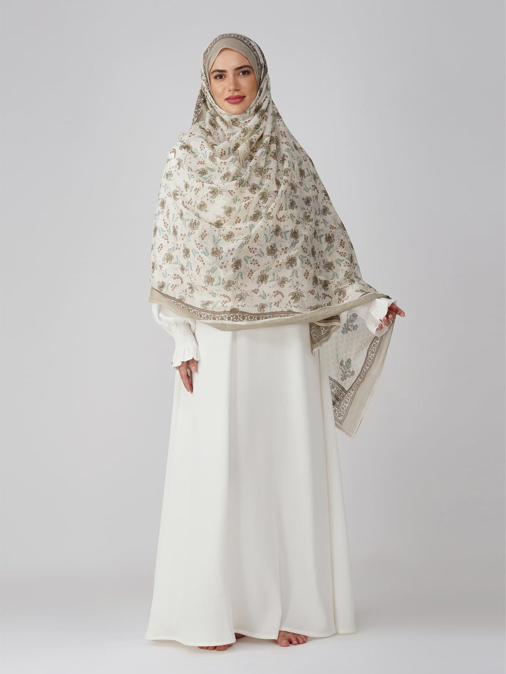 ANAApparels ANA Zara Beige Floral Dupatta | 90 x 44 Inches – Premium Mulmul Cotton | Lace Border | Lightweight, Soft & Breathable