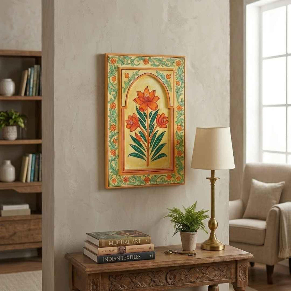 ATRANGI STUDIO Kesari Handpainted Wooden Wall Frame | Rajasthani Traditional Craft | Decorative Floral Wall Hanging Art for Living room, Bedroom, Office | 12×18 Inch, Saffron