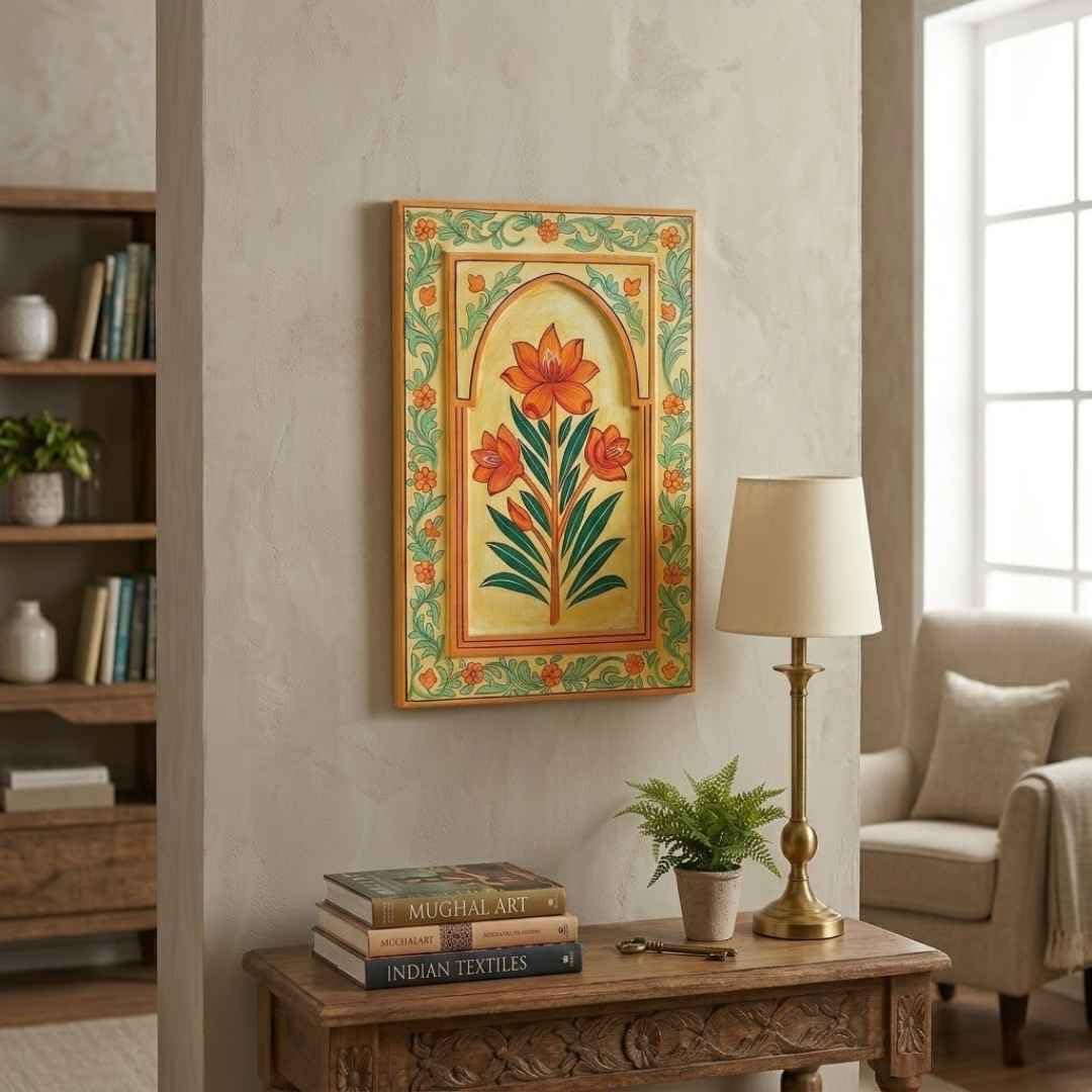ATRANGI STUDIO Kesari Handpainted Wooden Wall Frame | Rajasthani Traditional Craft | Decorative Floral Wall Hanging Art for Living room, Bedroom, Office | 12×18 Inch, Saffron