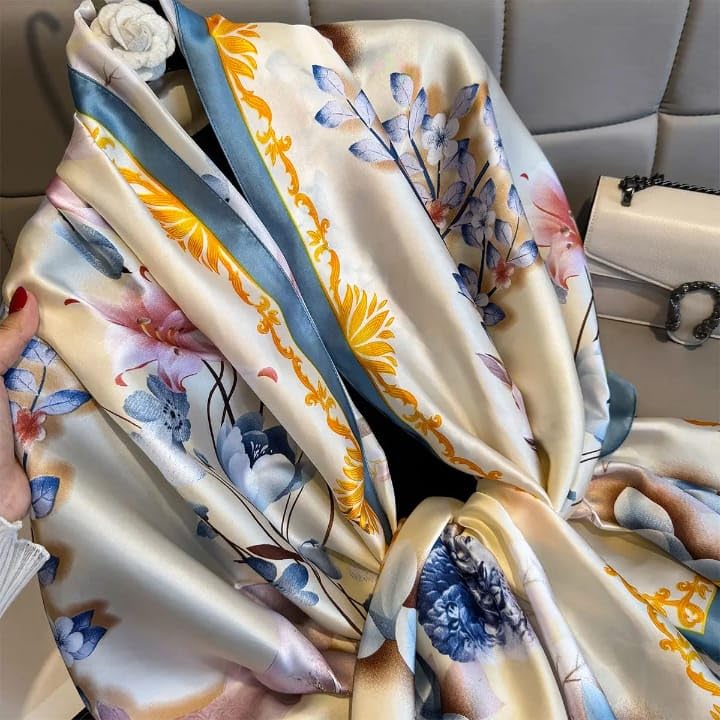 SWANKY Silk Stoles For Women Stylish Latest, Scarf for ladies & Girls, Head Neck Scarves, duppatta for girls (Cream With Yellow Flower)