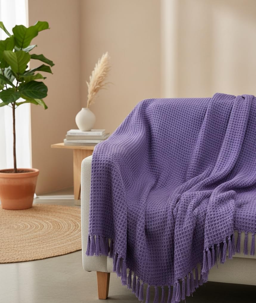 KNIT VIBES 100% Cotton Waffle Weave Sofa Throw Blanket 50x60 Inches or 125x150 cms Lightweight, Soft & Breathable Couch, Bed or Chair Throw Blanket for Living or Bedroom, Lavender Kafalo