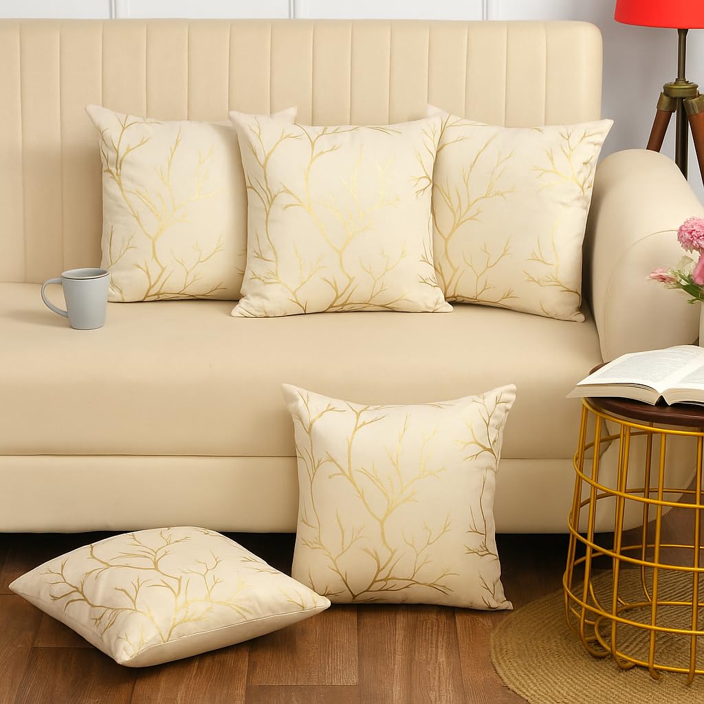 Stuffique Velvet Foil Cushion Covers 24 inch x 24 inch Set of 5, Cream