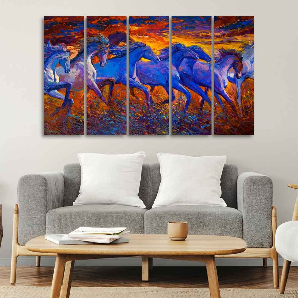 VIBECRAFTS Seven Horse Running in Field Five Pieces Canvas wall Painting For Home|Office|Living Room|Gift (PTVC5Pcs4_8622)