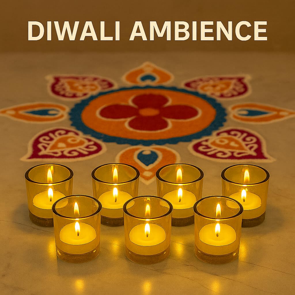 Pure Source India Votive Glass– Pack of 6 | Decorative Tealight Holders with One Tea Light Candles for Home Décor, Diwali Decoration, Weeding Decor & Festive Lighting (Yellow)