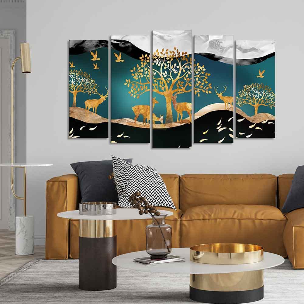 VIBECRAFTS Trees and Deer Canvas Wall Painting Set of Five Pieces For Home|Office|Living Room|Gift (PTVC5Pcs2_6572)