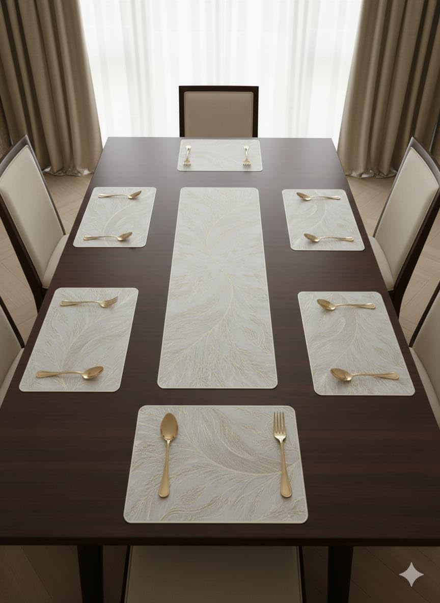 Dining Table Mats with Table Runner Set Leaf Pattern Placemat Set for Dining Table Kitchen Home Decoration (Modern ractangle Table mat Runner, Pack of 9 (8+1)) Kafalo