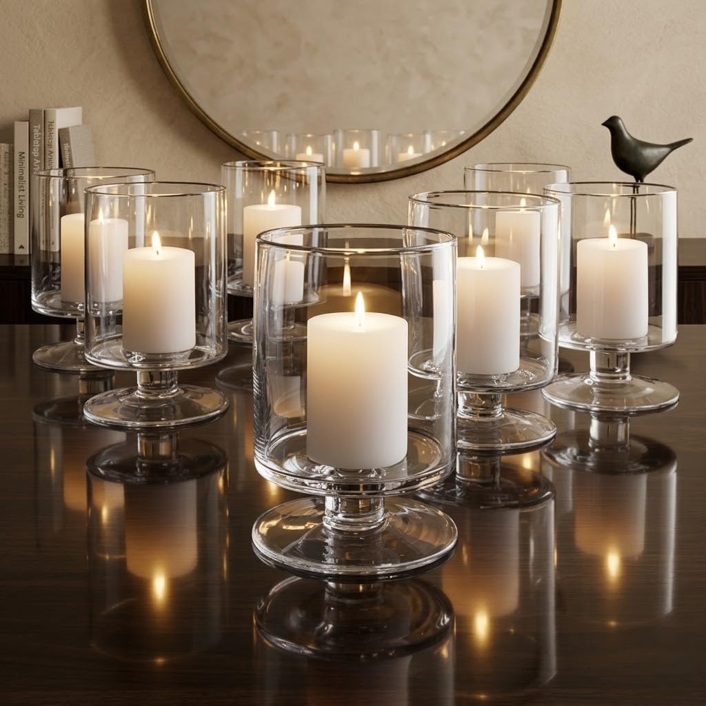 Surekha Hurricane Pillar Candle Holders | Short Stem Candle Jars | Stemmed Glass Cylinder Candle Vase| Center Piece for Table for Home, Office, Living Room Decor (1)