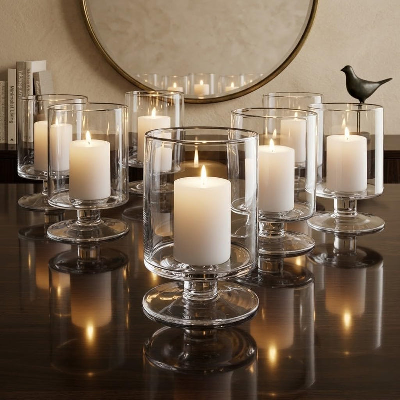 Surekha Hurricane Pillar Candle Holders | Short Stem Candle Jars | Stemmed Glass Cylinder Candle Vase| Center Piece for Table for Home, Office, Living Room Decor (1)