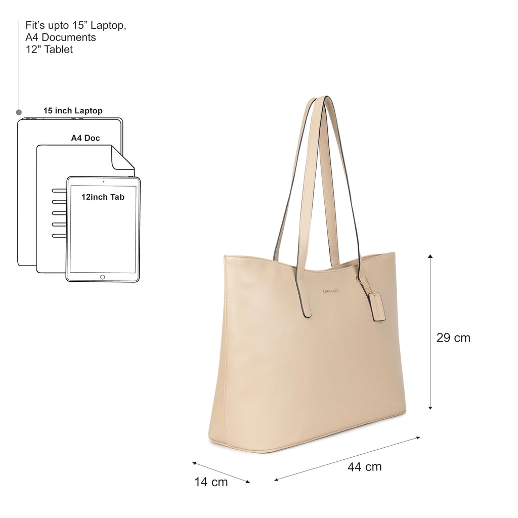 Fastrack Pebble Play Laptop Tote | Beige Faux-Leather Tote Bag for Women | 15-Inch Laptop Compatible | Gold Hardware Finish with Double Handles, Zipper Closure & Organised Storage