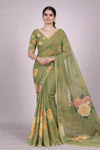 Femori Women's Georgette Floral Printed Saree, Aqua Blue with Pearl Border Detailing, Lightweight and Breathable (GREEN)