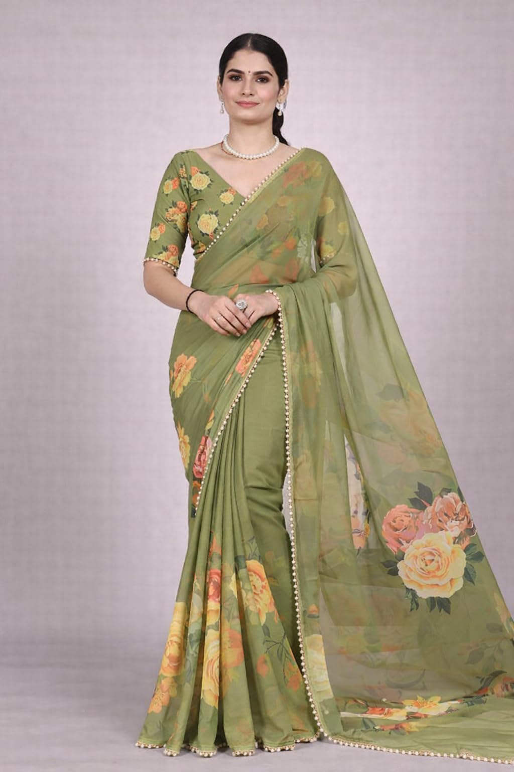 Femori Women's Georgette Floral Printed Saree, Aqua Blue with Pearl Border Detailing, Lightweight and Breathable (GREEN)