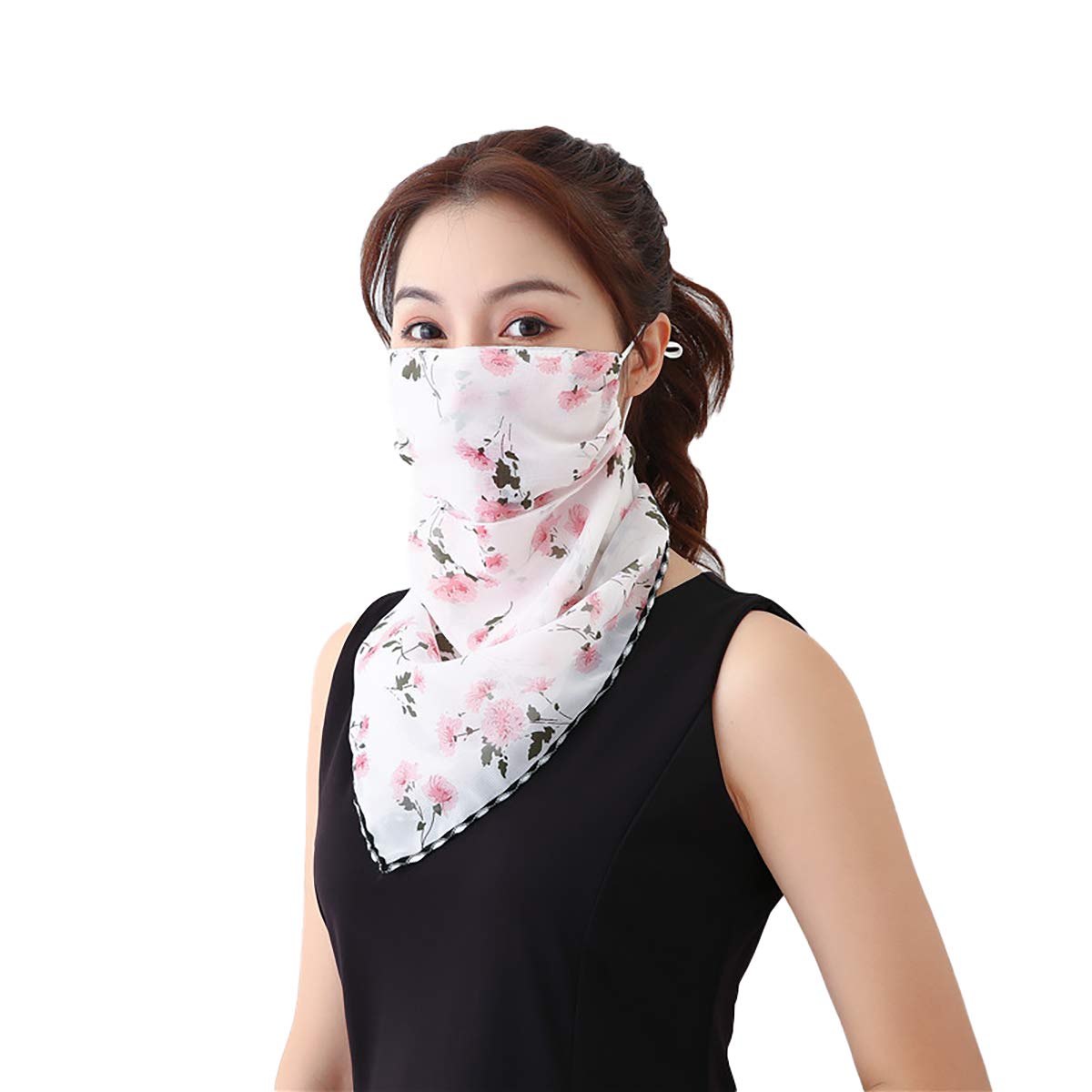 Youstylo Face Scarf Mask for Women Sun Protection Outdoor Riding Protective Chiffon Floral Print Lightweight Scarves Masks (1102A, White-Flower)