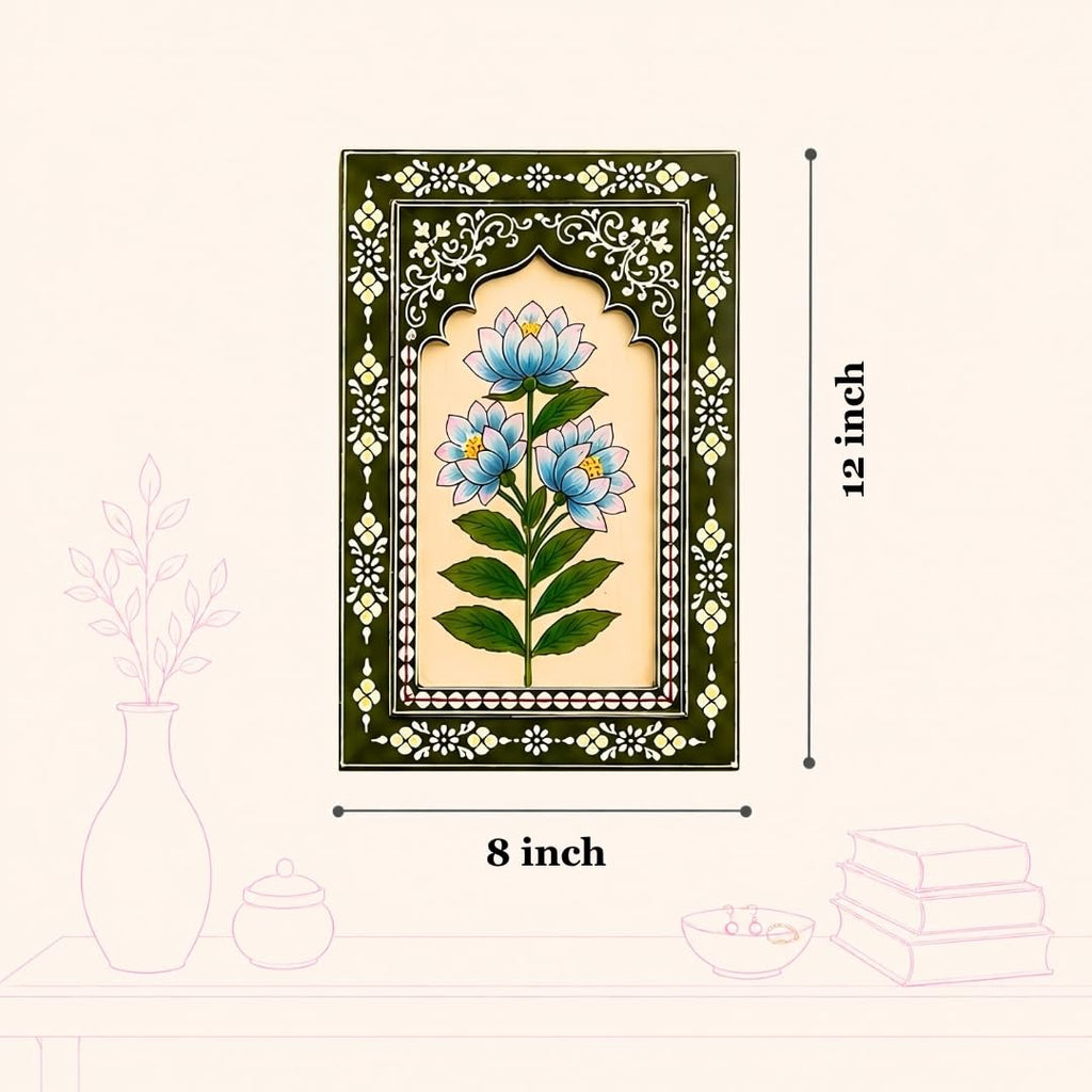 ATRANGI STUDIO Olive Bloom Handpainted Wooden Wall Frames (Set Of 3) | Jharokha Style Floral Wall Hanging | Rajasthani Traditional Art | Framed Wall Painting for Living room, Bedroom, Office | 12×8 Inch