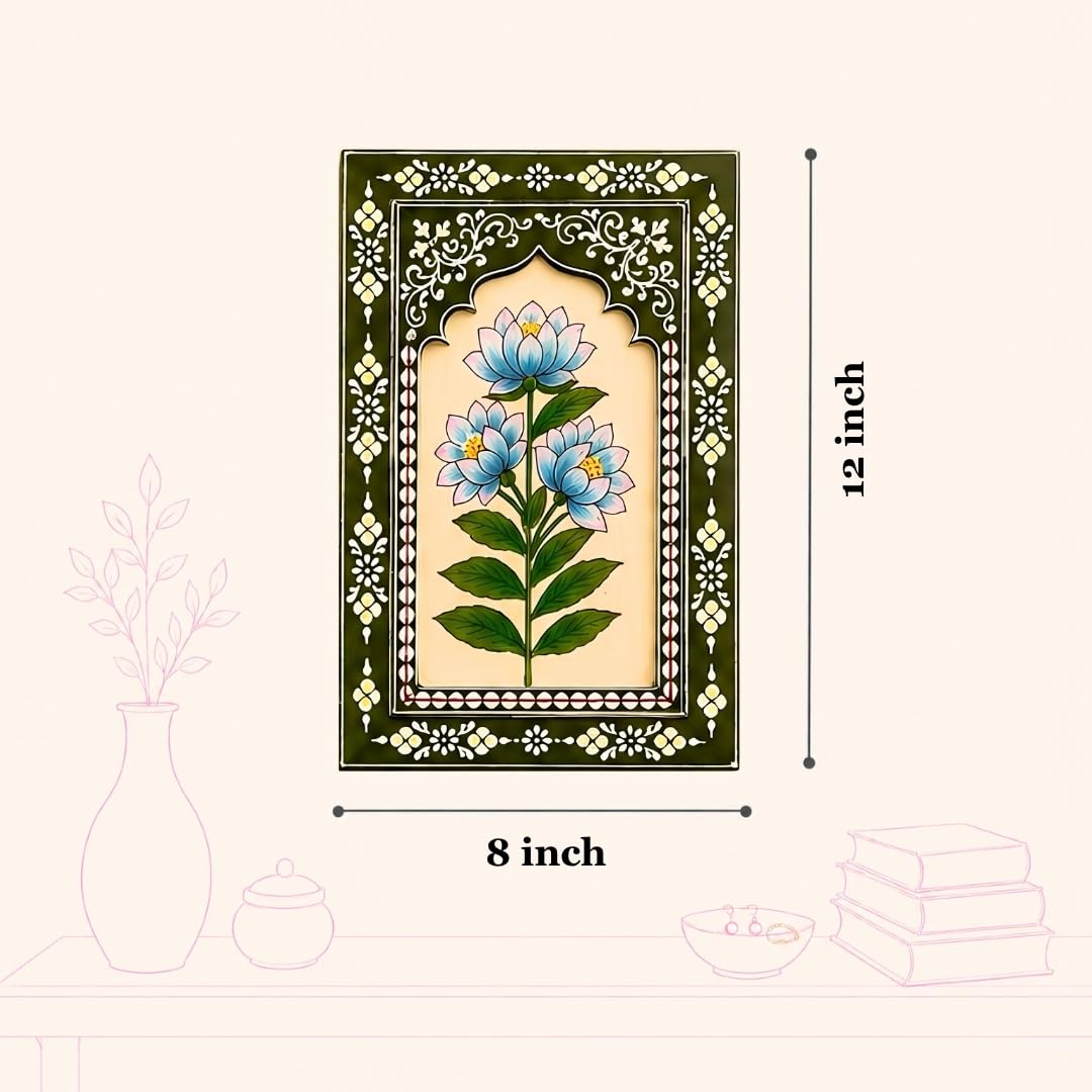 ATRANGI STUDIO Olive Bloom Handpainted Wooden Wall Frames (Set Of 3) | Jharokha Style Floral Wall Hanging | Rajasthani Traditional Art | Framed Wall Painting for Living room, Bedroom, Office | 12×8 Inch