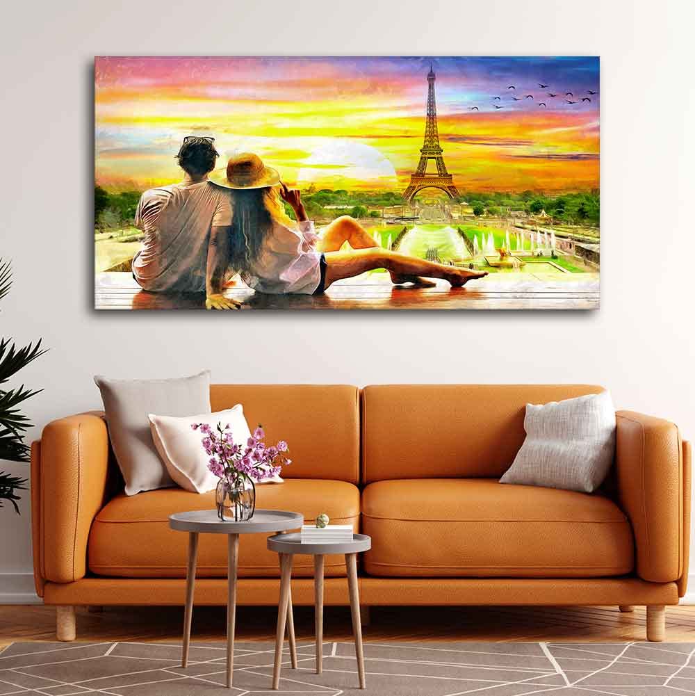 VIBECRAFTS Canvas Paintings for Living Room Drawing Room Couple Watching Sunset Paris Canvas Wall Painting Fitted With Wooden Frame For Home | Office | Living Room | Gift (PTVCH_2465)