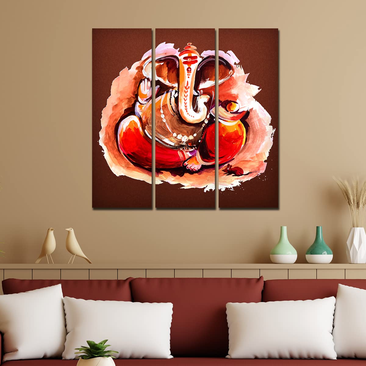 VIBECRAFTS Devotional Shree Ganesha 3 Pieces Canvas Wall Painting Fitted With Wooden Frame For Home | Office | Living Room | Gifts (PTVC3Pcs1_9578)