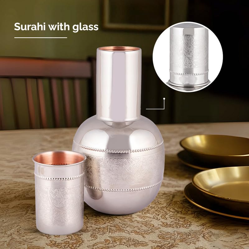 Vip luxe Surahi Silver Copper Water Jug – 1.5L | Handcrafted Heavy-Gauge Pure Copper Ayurvedic Pitcher | Wellness Drinkware