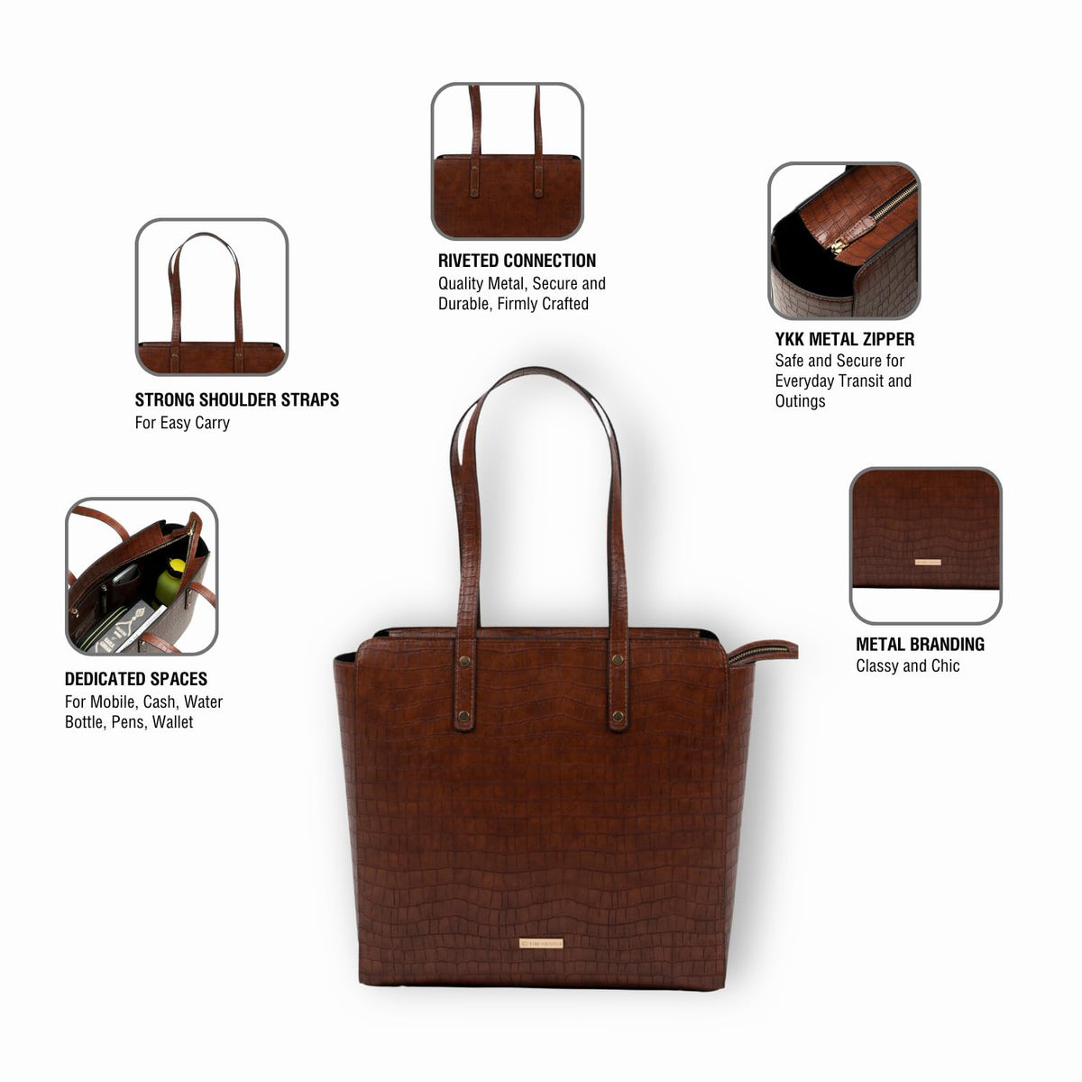 The Gusto Beyond+ Croco - Premium Vegan Leather Tote Bag for Women, Big Size | Stylish Handbag for women with Zip Closure | Fit for Office Bag, College, Travel Use | Handcrafted in India (Tan)