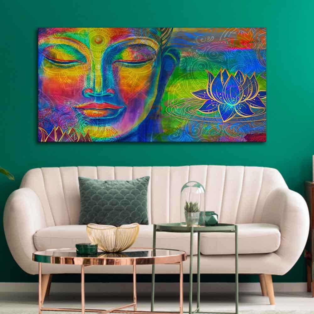 VIBECRAFTS Canvas Paintings for Living Room Drawing Room Colorful Head Of Buddha Canvas Wall Painting Fitted With Wooden Frame For Home | Office | Living Room | Gifts (PTVCH_2563)