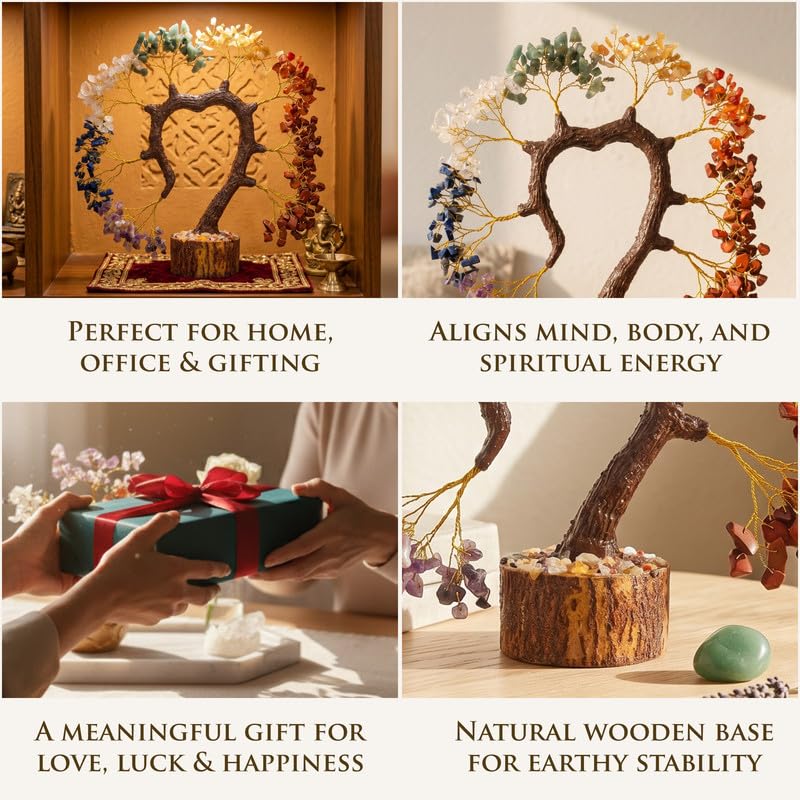 Fourteen Crystals 7 Chakra Heart Shaped Crystal Tree for Home Decor - 300 Natural Healing Stone - Feng Shui Tree of Life for Vastu, Wealth, Prosperity & Positive Energy (Multi-Color)