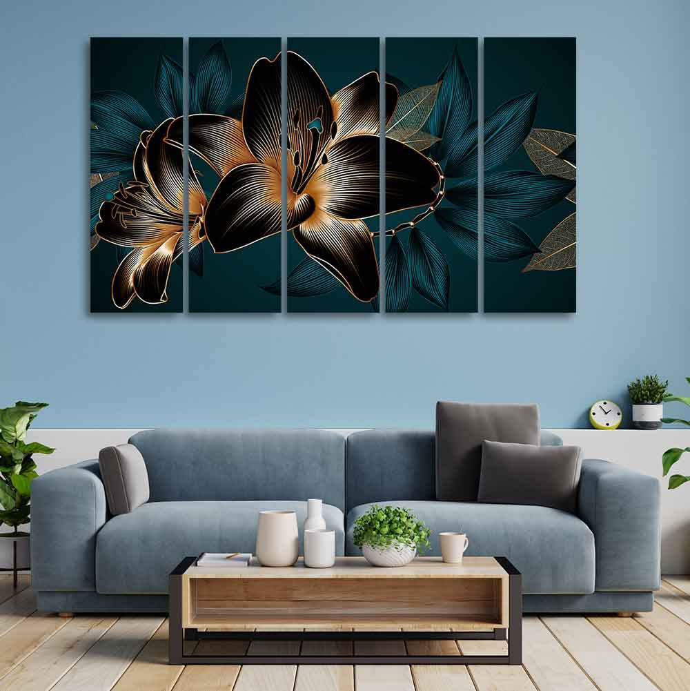 VIBECRAFTS Beautiful Lilies Flowers 5 Pieces Canvas Wall Painting For Home | Office | Living Room | Gift (PTVC5Pcs4_8547)