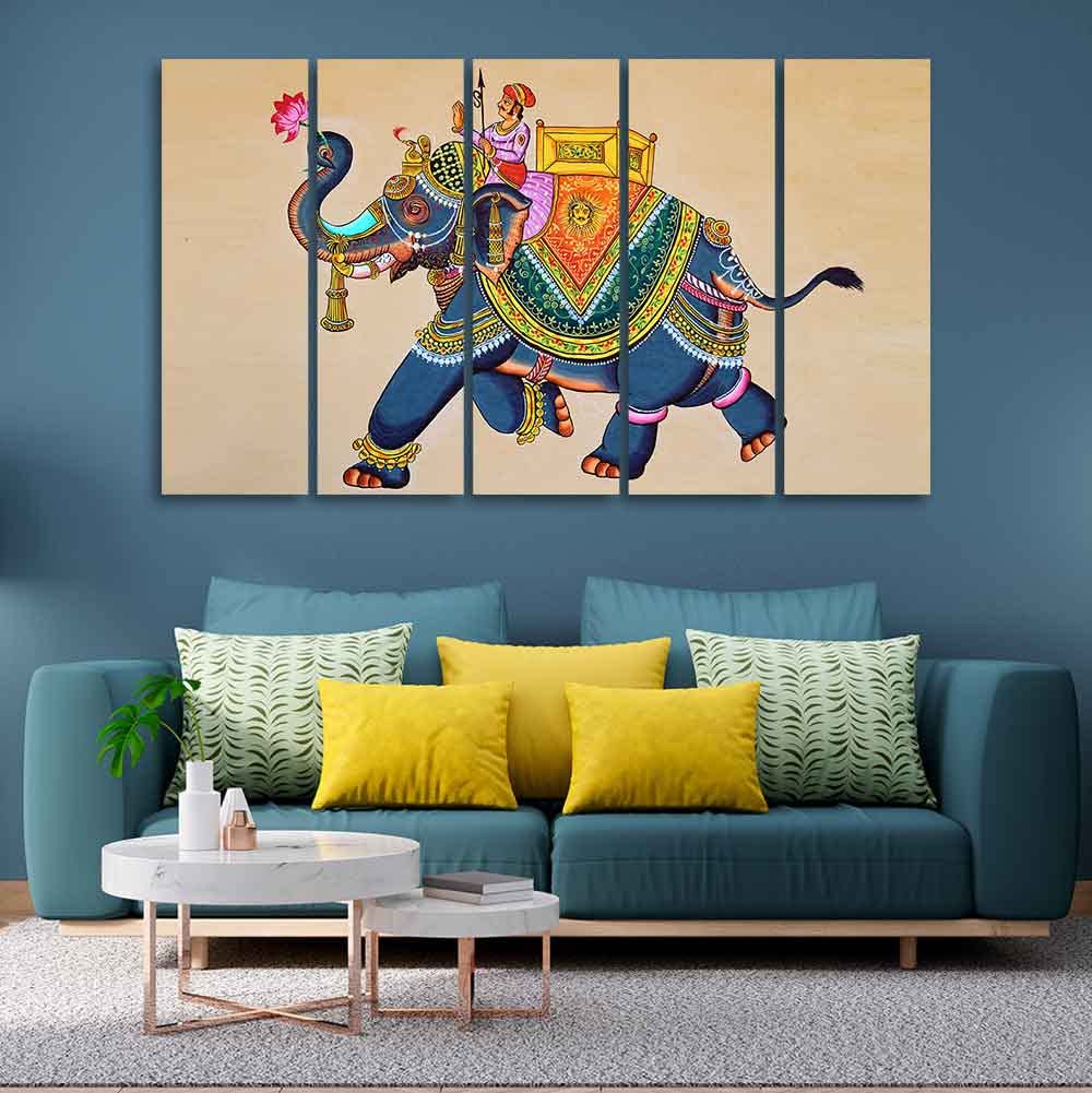 VIBECRAFTS Madhubani Art Elephant Premium Canvas Wall Painting Set of Five For Home|Office|Living Room|Gift (PTVC5Pcs4_8621)