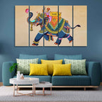 VIBECRAFTS Madhubani Art Elephant Premium Canvas Wall Painting Set of Five For Home|Office|Living Room|Gift (PTVC5Pcs4_8621)