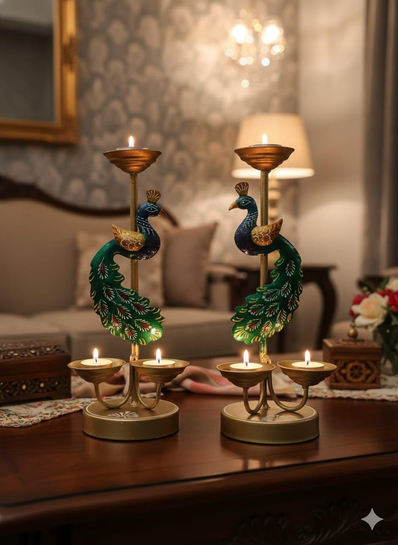 Peacock Candle Holders Set of 2 - Decorative Brass Tea Light Stand with Green & Gold Finish - Home Decor Centerpiece for Living Room, Dining Table, Wedding, Festival - Indian Handicraft