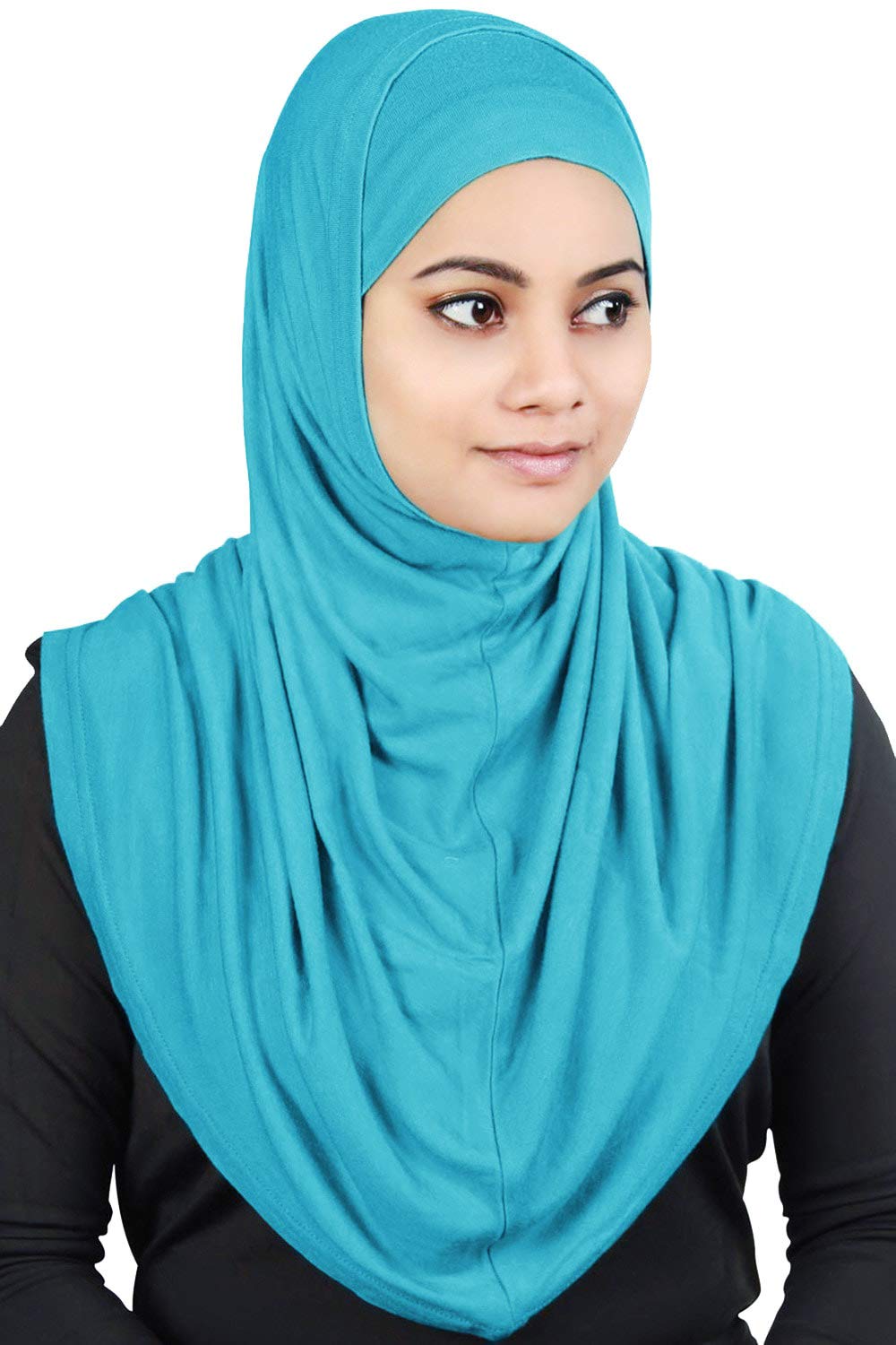 MyBatua Women's 2-Piece Al-Amira Hijab with Under Scarf/Cap/Bonnet in Soft Viscose Jersey, Ready to Wear HJ-129 (Turquoise)