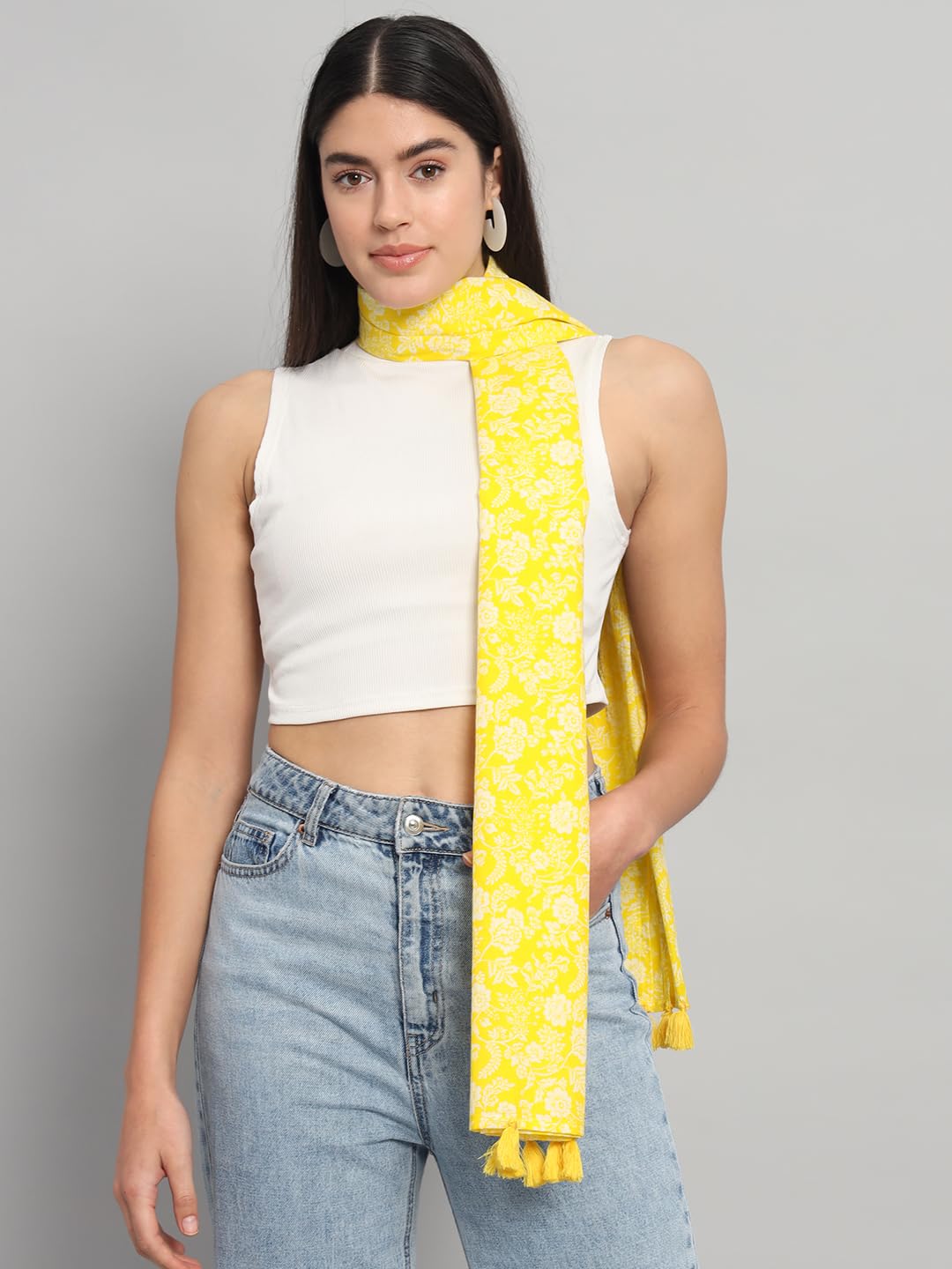 Ravaiyaa - Attitude is everything Women Yellow & White Hand Block Floral Printed Cotton Tasseled Scarf 71 X 21 Inch