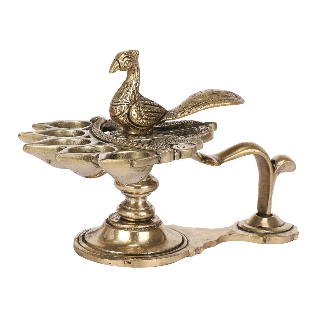 Artvarko Peacock Aarti Diya with Handle Brass Decorative Puja Accessory, Five Face Camphor Burner lamp Panch Aarti for Navratra, Diwali Gifts 7 Inch .