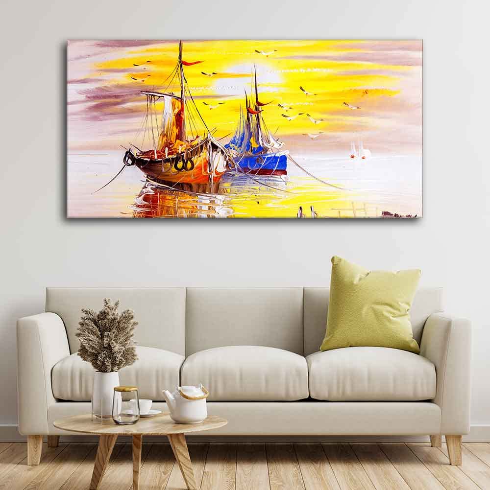 VIBECRAFTS Sailing Ships on the Ocean in Beautiful Sunset Premium Canvas Wall Painting With Frame for Living Room Drawing Room Home|Office|Gift (PTVCH_2207)