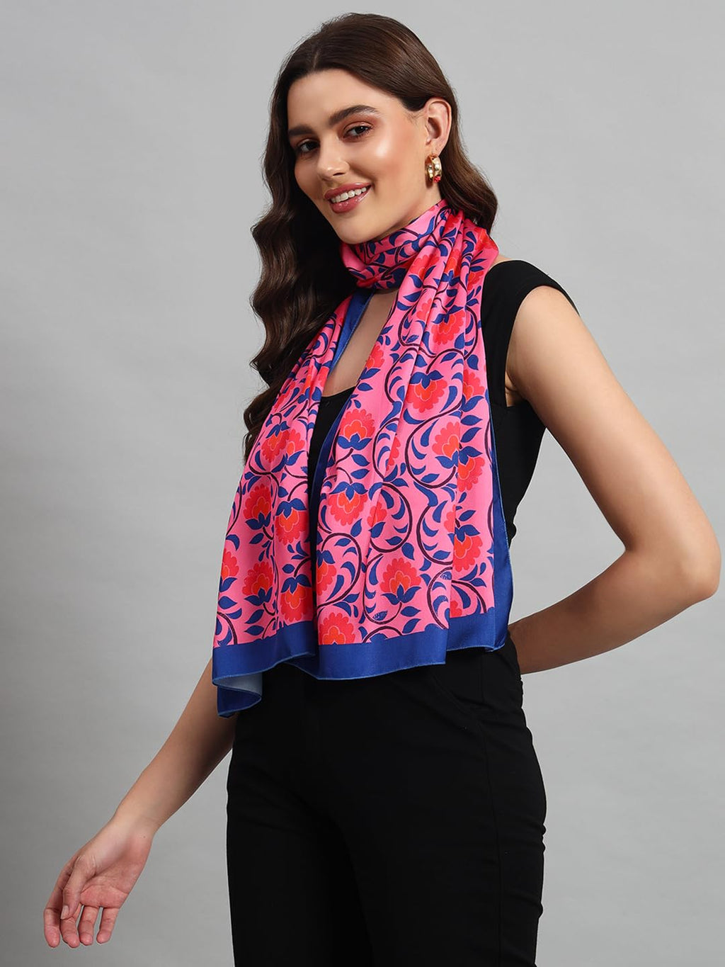 Ravaiyaa - Attitude is everything Women Lightweight Printed 100% Satin Silk Scarf Stoles Breathable Neckerchief Head Beach Wrap Scarves (Pink Blue Floral, 70 x 20 Inch)