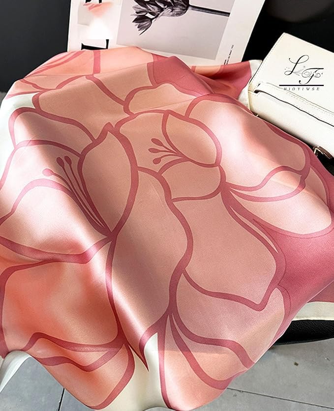 NK Textiles Women's Rose Outline Floral Designer Printed Style Satin Head Scarf - Neck Scarf (Square) (22x22)