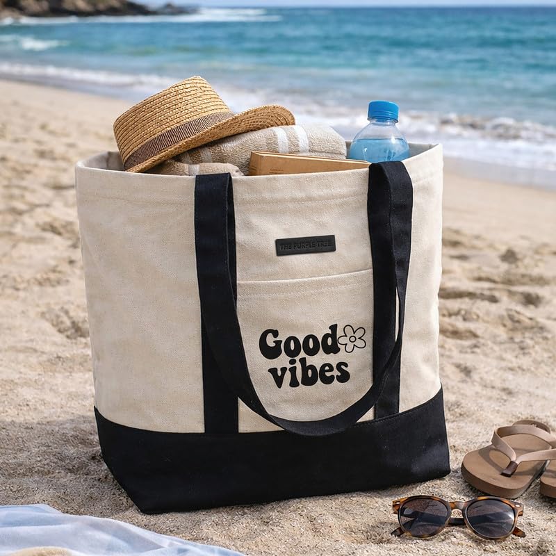 The Purple Tree Cotton Beach Tote Bag for Women, Large Capacity Beach Bag, Ecofriendly Beach Tote with Embroidered Detail on Pocket (Good Vibes)